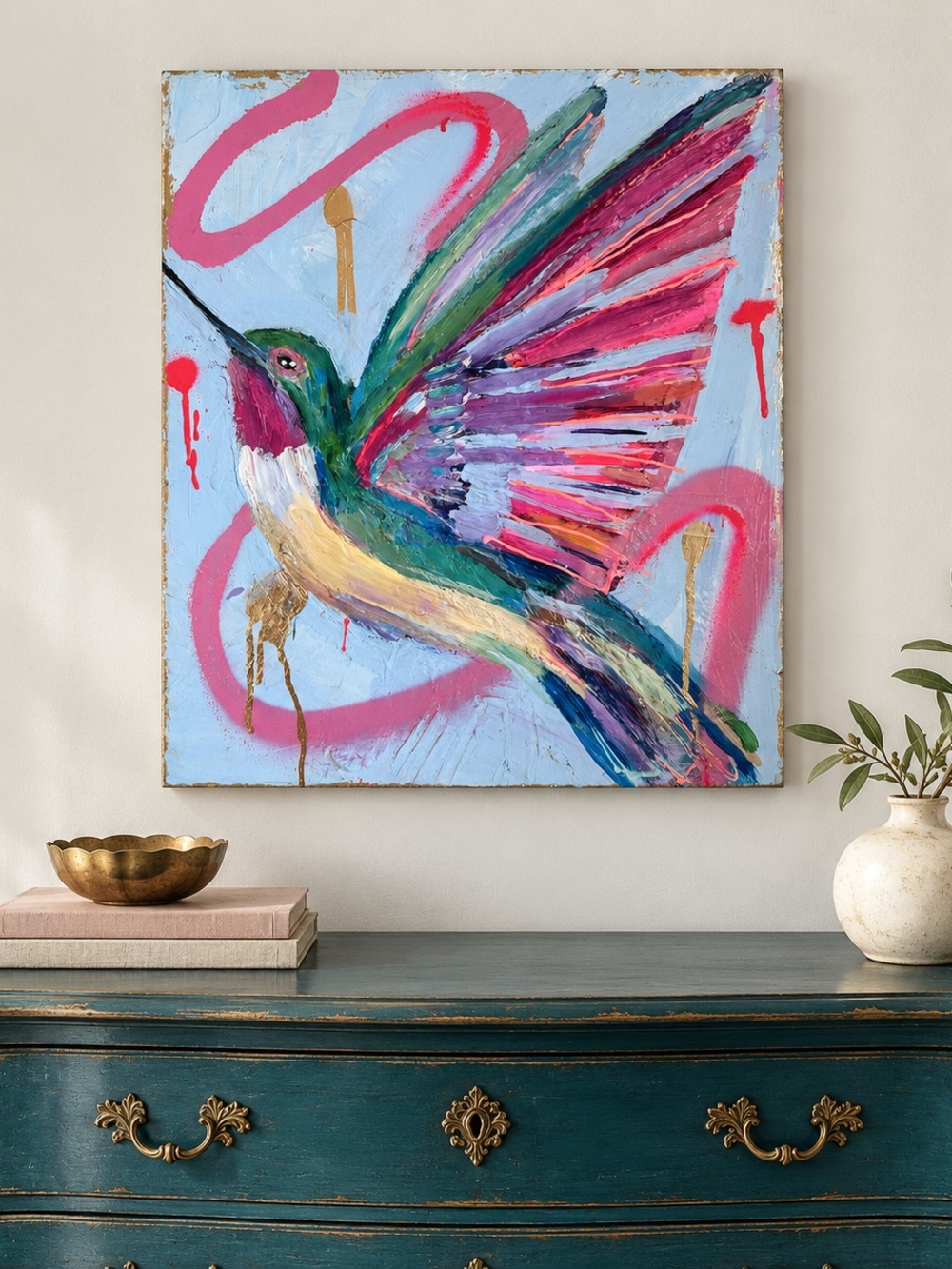 Original Hummingbird Painting Colorful Textured Mixed Media Wall Art